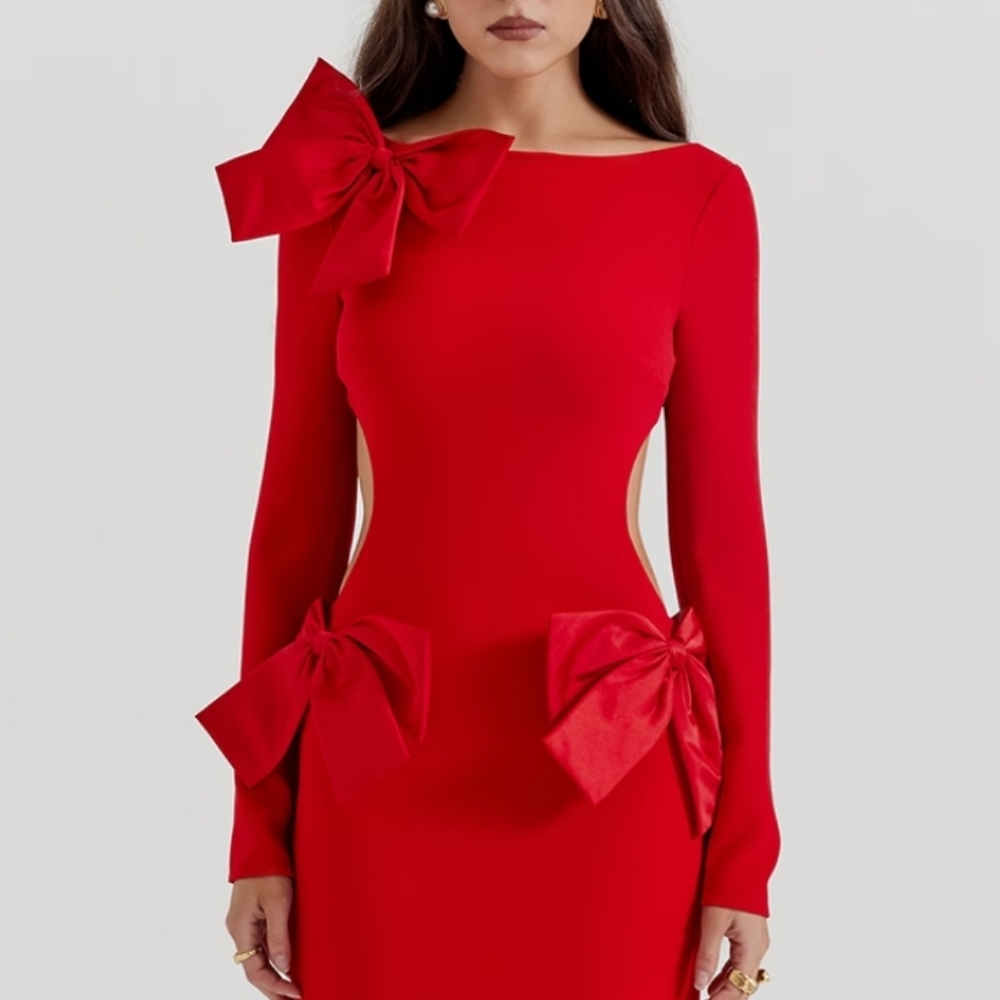 House of CB Bow Holiday Dress Maxi Red
